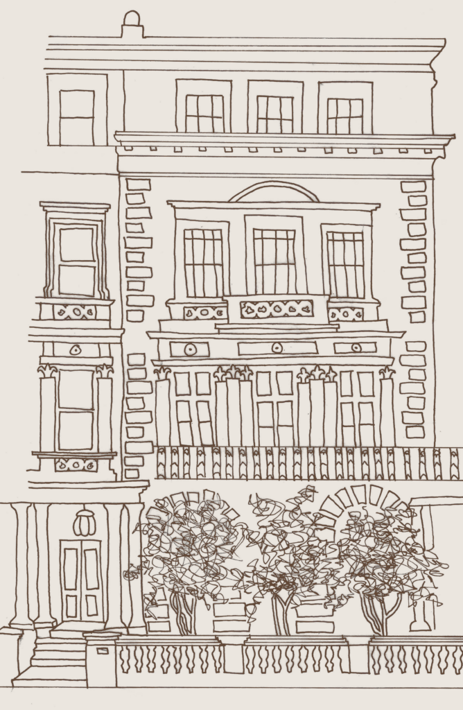 A sketch of the front exterior of the Notting Hill property in London. There are 4 floors, with multiple windows and columns. There are 3 trees by the main door to the home.